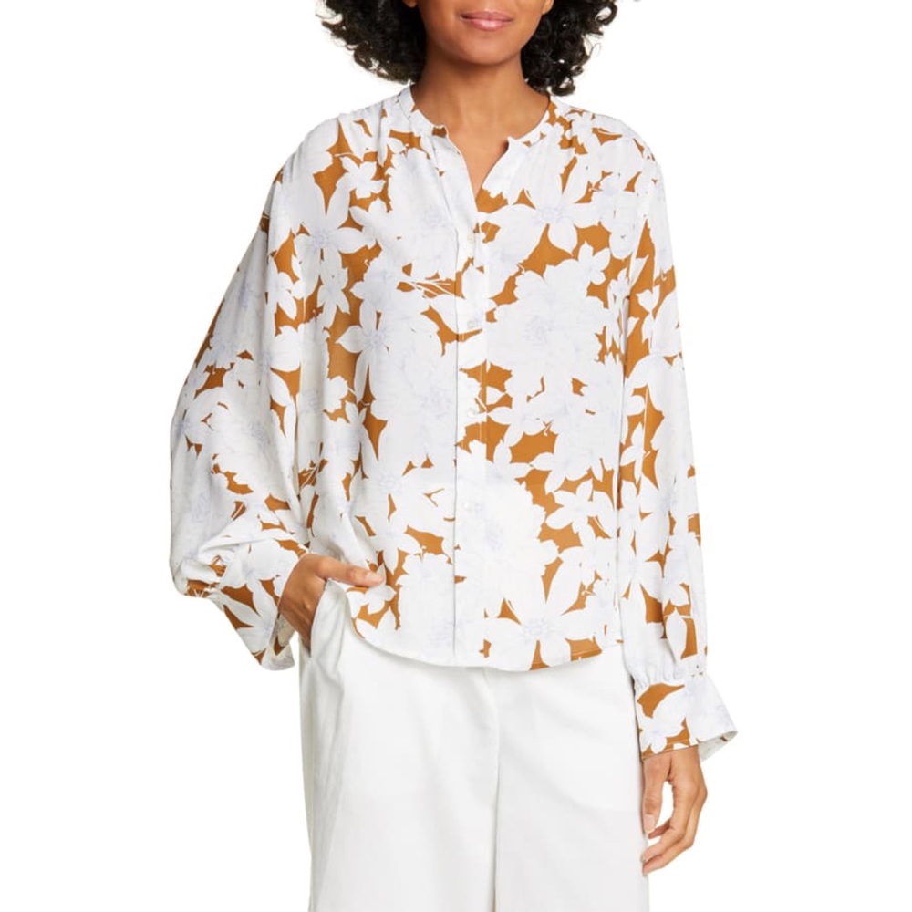 VINCE Teakwood Tropical Blooms Button-front Shirred-back Long-sleeve Blouse
